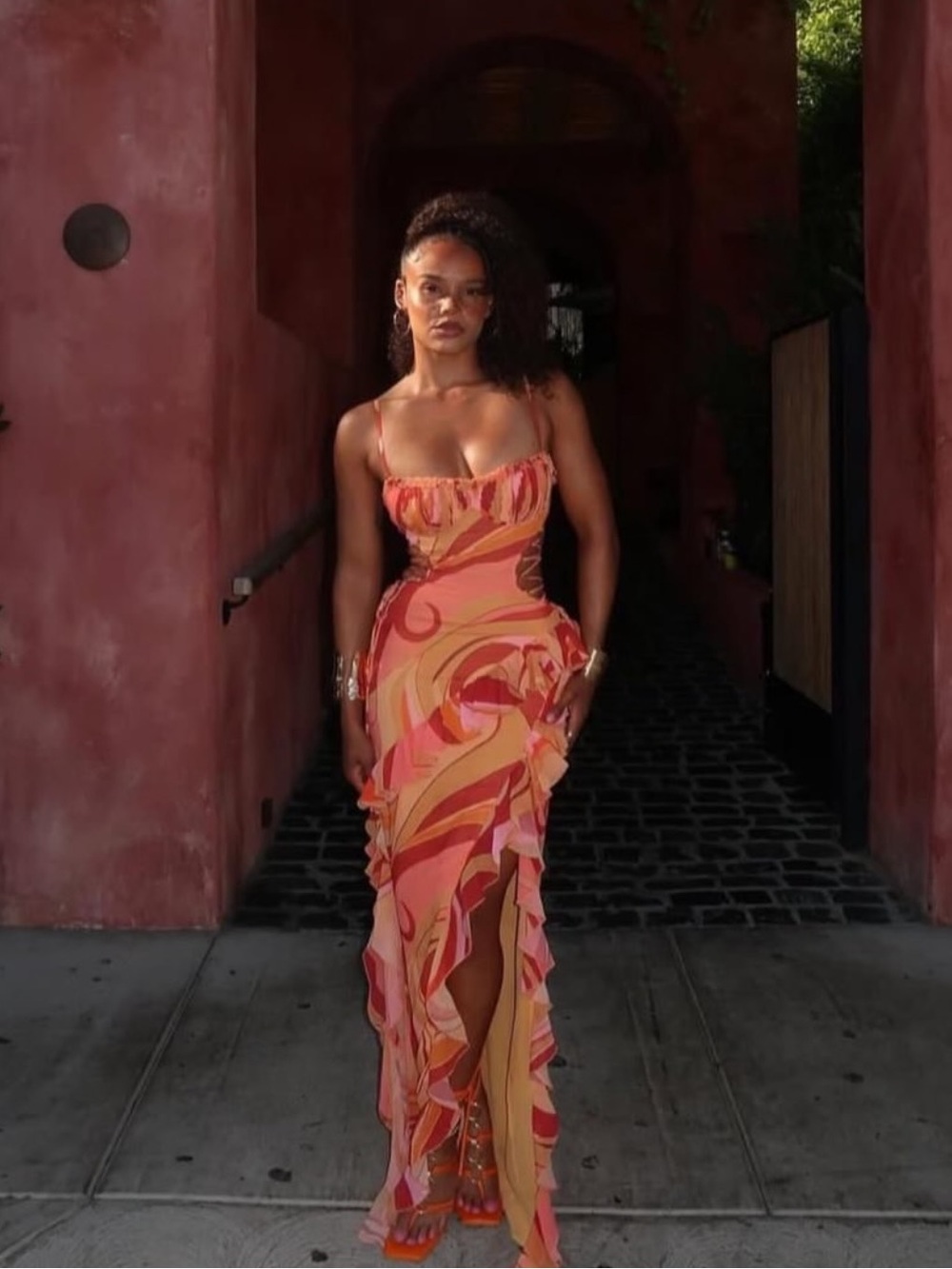 House of CB Multicolor Orange-Pink Swirl Maxi Dressy